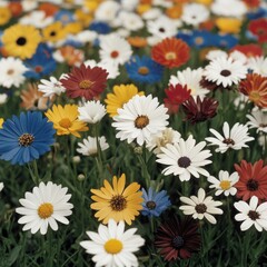 Vibrant mix of colorful daisies blooming in a field.