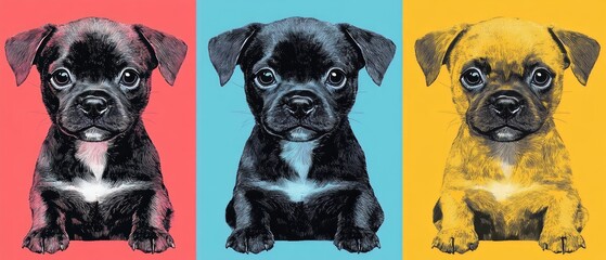 Three cute puppies in bright colors showcase their playful nature and charming looks, capturing the spirit of National Puppy Day and bringing smiles to everyone