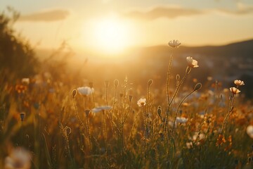 Sunset Over a Poppy Field with Wildflowers and Golden Hour Lighting. AI generated illustration
