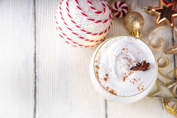 Hot drink cafes menu background, with mulled wine, eggnog and hot chocolate traditional Christmas winter cocktails and beverages, with Christmas New Year festive holiday decorations, copy space
