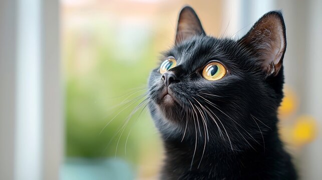 Dramatic portrait of a black domestic cat with piercing glowing eyes reflecting the low light in a dimly lit room creating a mysterious and intense atmosphere - Powered by Adobe