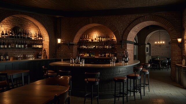 Elegant, dimly lit wine bar with brick arches, curved bar, and leather stools.