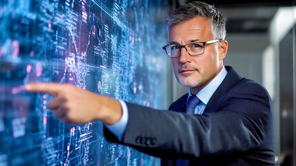 Business Executive Pointing at Holographic Data Analytics Dashboard with Innovative Technology