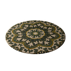 A round rug with a green and yellow design