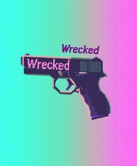 A pixelated image of a gun with the word 