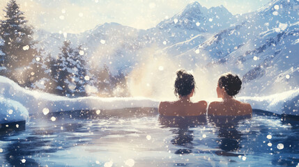 Two women relax in a steaming hot spring lake outdoors amid a snow-covered mountain landscape. Falling snowflakes and serene landscapes create a tranquil and luxurious winter atmosphere.