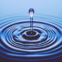 Water drop falling, creating concentric ripples on a blue surface.