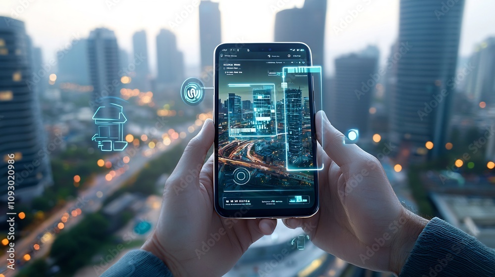Poster Hands Holding a Smartphone with Augmented Reality Overlay Displaying Transaction Data and Gleaming Metallic Accents Set Against a Futuristic Urban Landscape with a Dynamic Angle and Visual Style