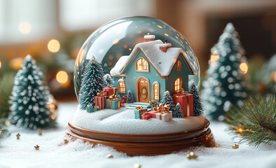 A snow globe with a blue house and a tree in front of it. The house is decorated with presents and a wreath