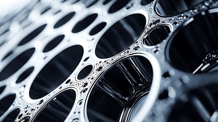 Close-up of a metallic surface featuring a pattern of circular holes, showcasing shiny, reflective textures and droplets, highlighting industrial design elements.