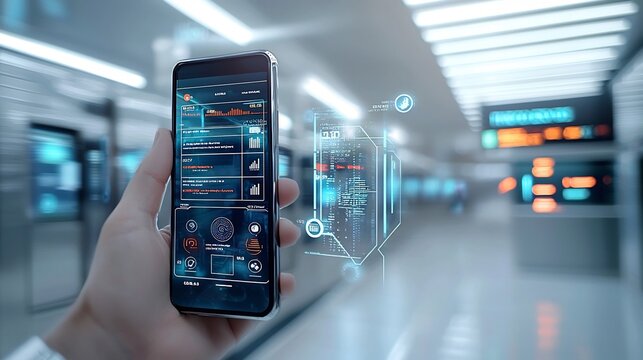 Futuristic scene depicting a person s hand holding a smartphone with biometric security features virtual wallet interface