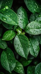 Close-up of lush green leaves adorned with water droplets, evoking freshness and vitality, Ideal for nature themes, wellness, and environmental projects,