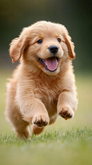 Fototapeta premium A lively golden retriever puppy joyfully runs across a grassy field, celebrating National Puppy Day with exuberance and energy on a sunny day