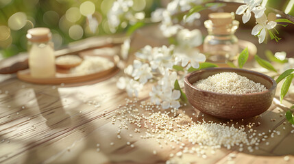 Obraz na płótnie Canvas Sesame Oil Extract, Sesame Seeds, and a Lush Sunlit Garden for Natural Beauty