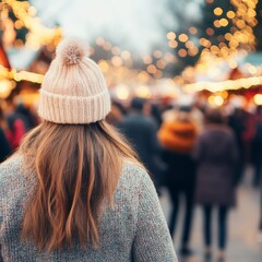 Obraz premium Woman in warm hat at a bustling Christmas market, lights blurred in background.