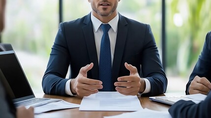 Manager Discussing Report with Corporate Team at Workspace