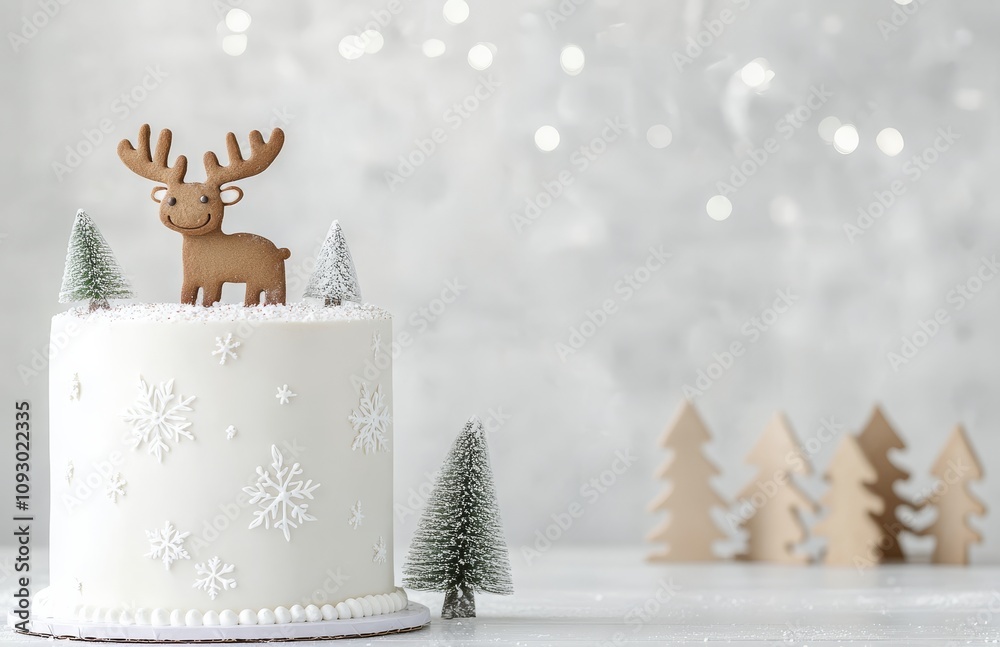 Wall mural Festive winter cake with reindeer decoration and snowflakes in a cozy setting