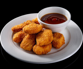 chicken nuggets on white plate. with a bowl of oyster sauce. isolated on black background.