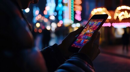 Energetic and engaging mobile gaming app interface showcasing rewarded ad options against a dynamic backdrop of a vibrant brightly lit city skyline at night