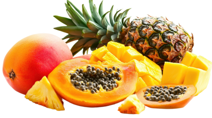 Isolate tropical fruit selection papaya pineapple and mango showcase natural setting close-up view freshness concept