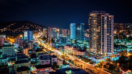Fototapeta premium Nighttime cityscape with illuminated buildings and streets
