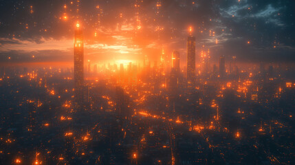 Fototapeta premium Vibrant sunset illuminates a futuristic cityscape filled with glowing skyscrapers and a hazy skyline. Generative AI