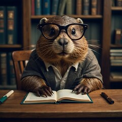 Beaver in a Library with Books and a Studious Expression