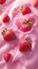 Fresh strawberries splash into pink cream, creating a vibrant scene filled with bubbles, Perfect for food blogs, dessert recipes, and promotional materials in the culinary and beverage industries,