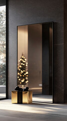 A large rectangular mirror reflecting a Christmas tree with twinkling lights and a golden gift box. Festive winter interior decor.