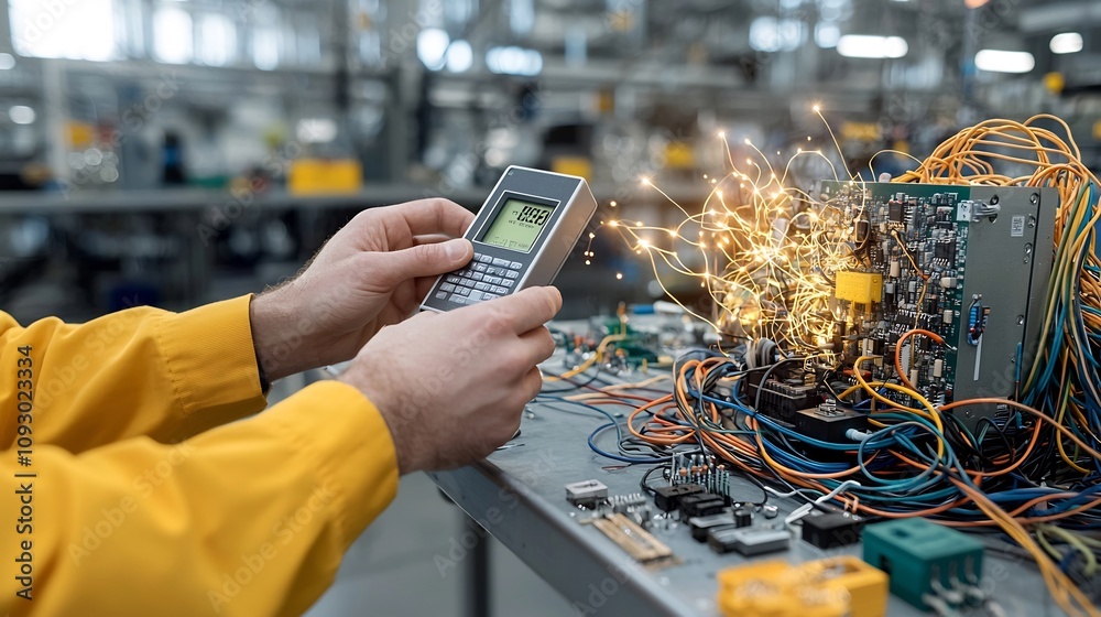Poster Electrical Engineer Expertly Operates Digital Multimeter Amid Intricate Circuitry and Tangled Wires in Warm Gritty Industrial Workspace