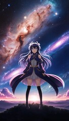 Naklejka premium Anime celestial background starry sky nebula distant galaxies cosmic beauty