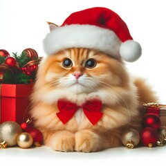 a cat wearing red christmas hat on white background. Generative ai