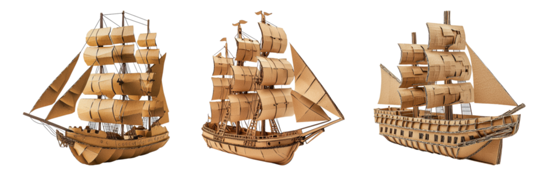 Intricate Model Ships Made from Wood and Paper Isolated on transparent background