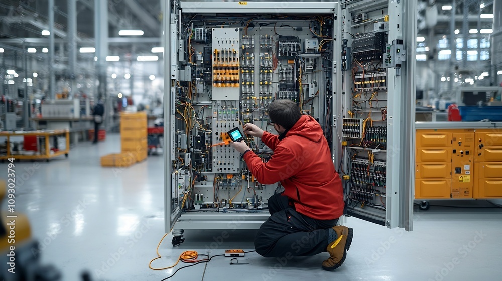 Poster electrical engineer carefully examining connections in open electrical cabinet with digital multimet