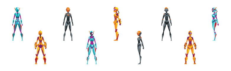 Robot Woman Stand in Costume with Slim Body Vector Set