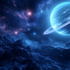 A vibrant blue planet with rings, celestial bodies, and nebulae in a dark space.