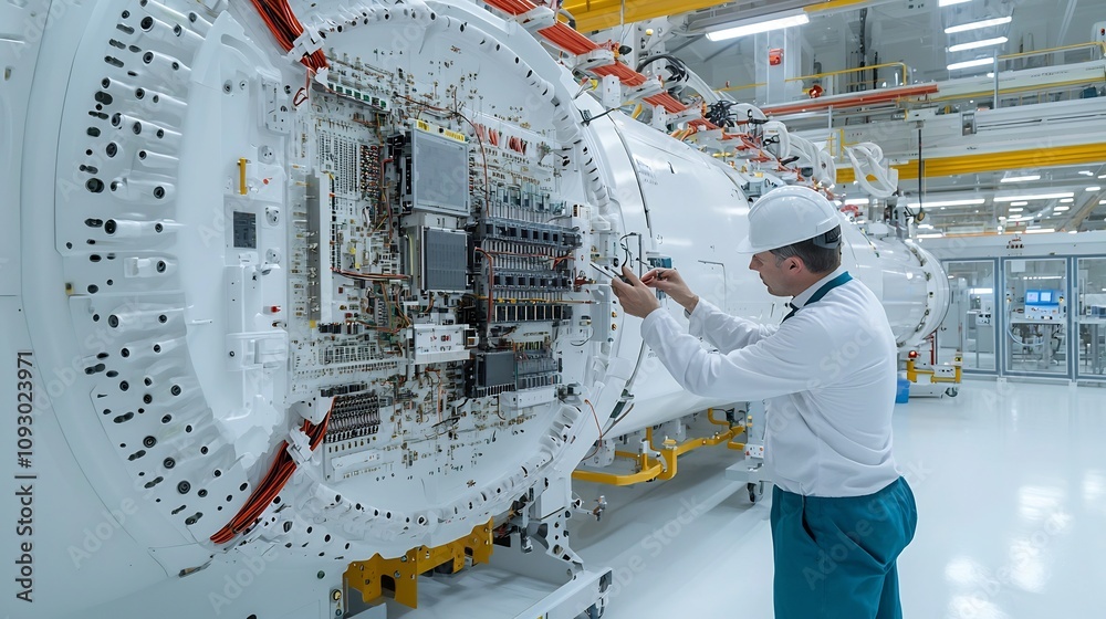 Poster Skilled electrical engineer intently examining and troubleshooting intricate electronic components of a large industrial machine using precision tools in a bright diffused natural light setting