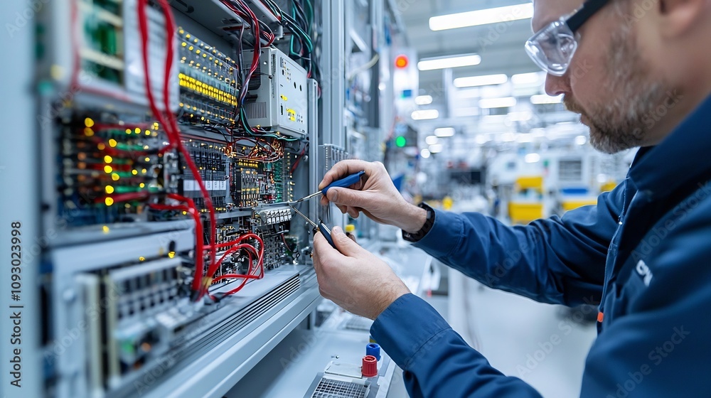 Aufkleber Skilled electrical engineer intently focused on troubleshooting and examining the intricate electronic components of a large industrial machine using precision tools in a bright