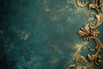 Dark teal background with antique gold primary elements, accented by burnished bronze, olive green, and light cream