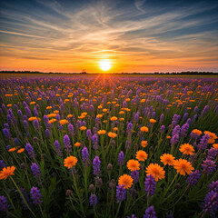 Naklejka premium A breathtaking field of colorful wildflowers bathed in the warm glow of a setting sun