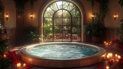 Obraz premium Serene Indoor Spa Retreat with Inviting Jacuzzi Surrounded by Lush Greenery, Natural Light, and Cozy Ambiance for Ultimate Relaxation and Rejuvenation