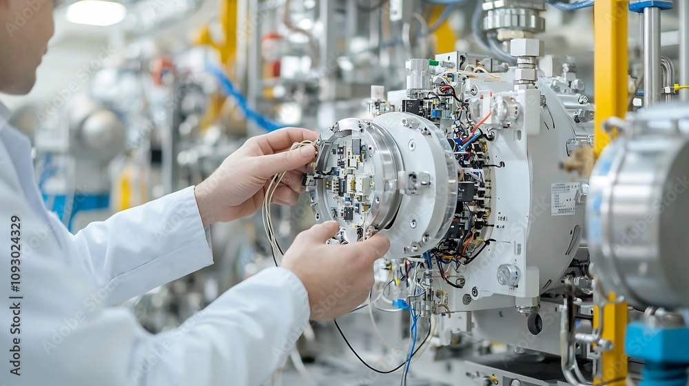 Poster Close up of a concentrated electrical engineer s hands deftly manipulating delicate wiring and intricate circuitry within a complex industrial machine set against a backdrop of gentle