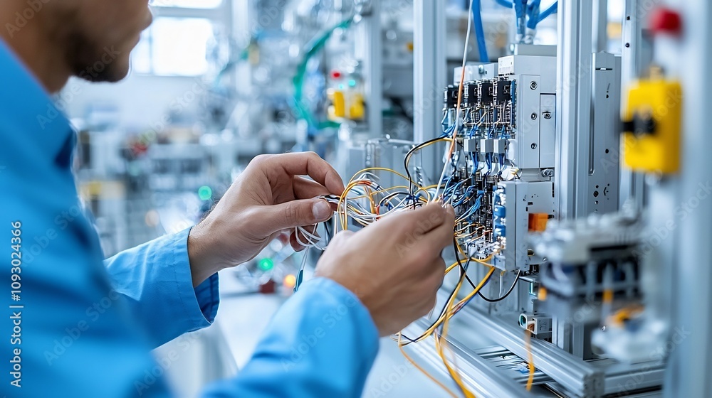 Poster Close up of a concentrated electrical engineer s hands carefully and deftly manipulating delicate wiring and complex circuitry within a sophisticated industrial machine in a setting of gentle