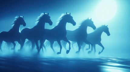 Silhouetted horses running under the moonlight sky