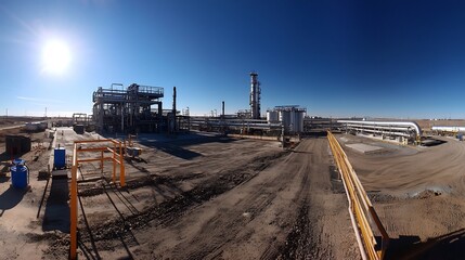 Expansive and detailed panoramic view of a modern oil refinery facility featuring an array of pipelines distillation towers and other industrial equipment under a clear blue sky during daylight hours