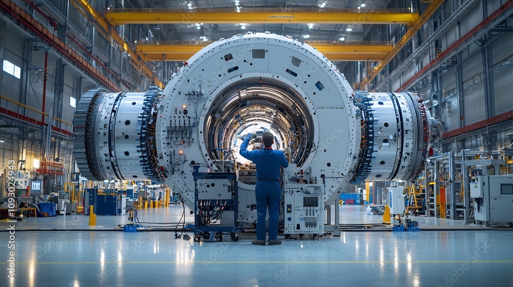 Fototapete Electrical engineer closely examining and troubleshooting the inner workings of a large industrial machine using specialized tools and instruments under the warm