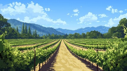 Fototapeta premium Expansive vineyard landscape with rows of lush grapevines stretching into the distance under a sunny blue sky on a picturesque summer day