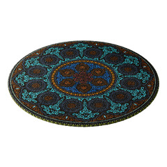 A blue and brown rug with a flower design