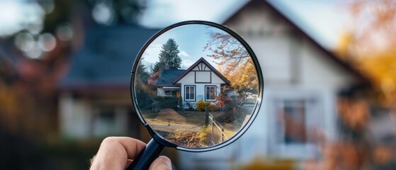 A hand holding a magnifying glass focuses on a charming house amidst autumn scenery.