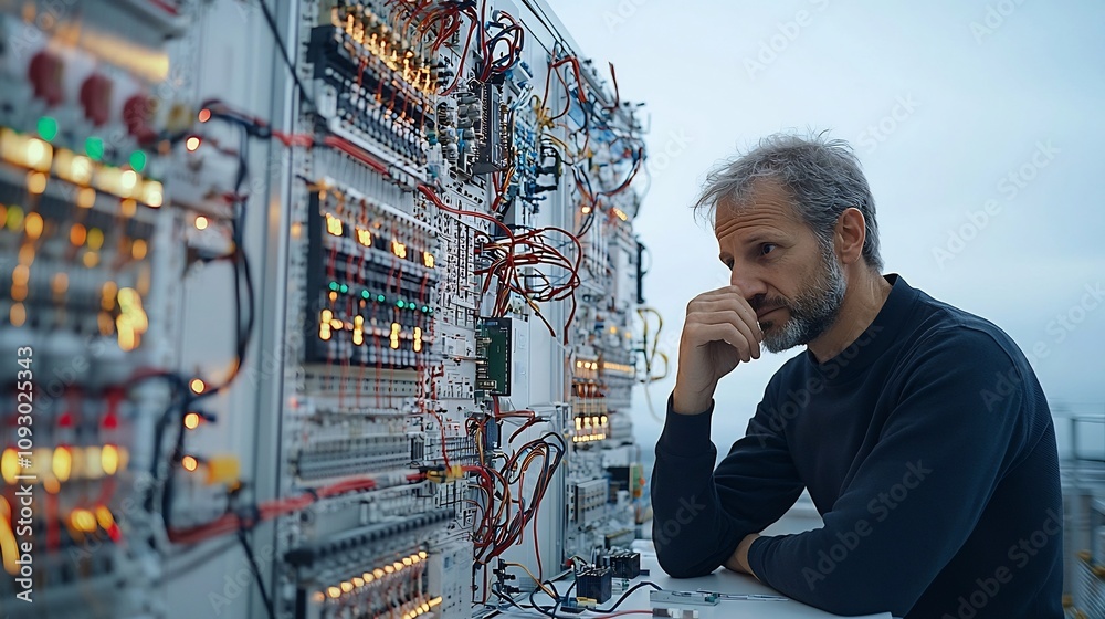 Poster pensive electrical engineer meticulously analyzing the components of a complex electronic power syst
